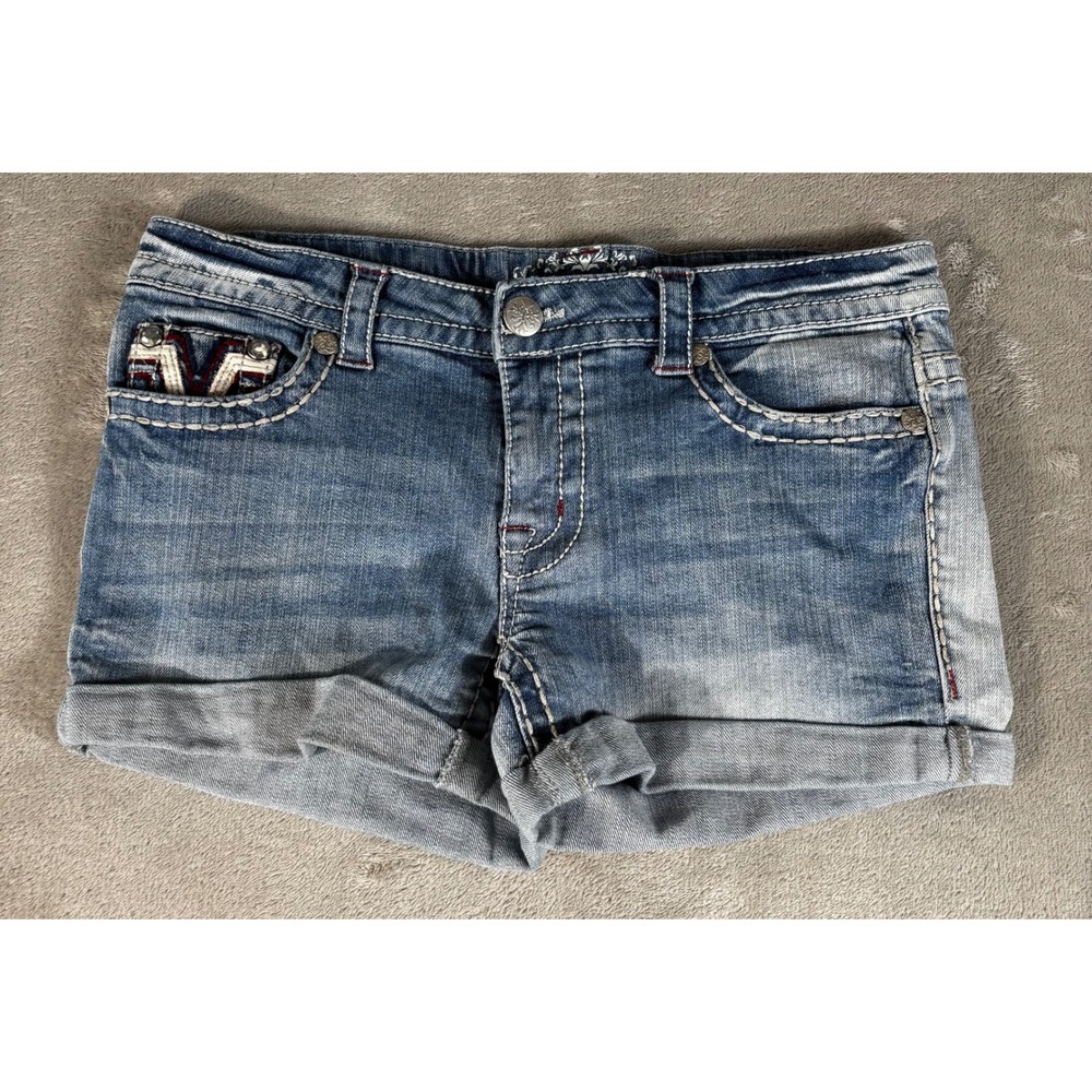 Paisley Sky Denim Shorts Womens 8 Blue Star Flap Pockets Contrast Stitch